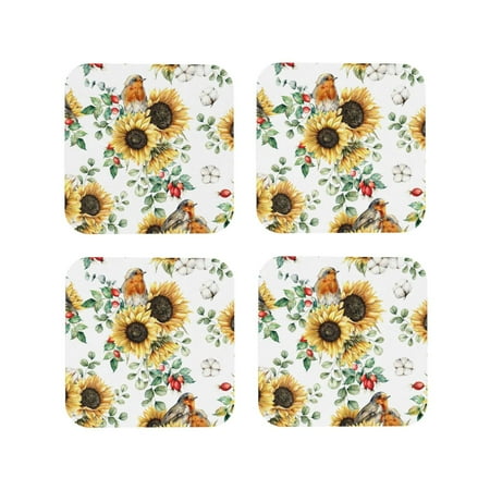 

Tideii Sunflowers Leaves And Birds for Leather Coasters 4 Pieces Anti-fouling and Anti-scalding Decorative Coasters Suitable for Restaurants Kitchens Coffee Shops-Square