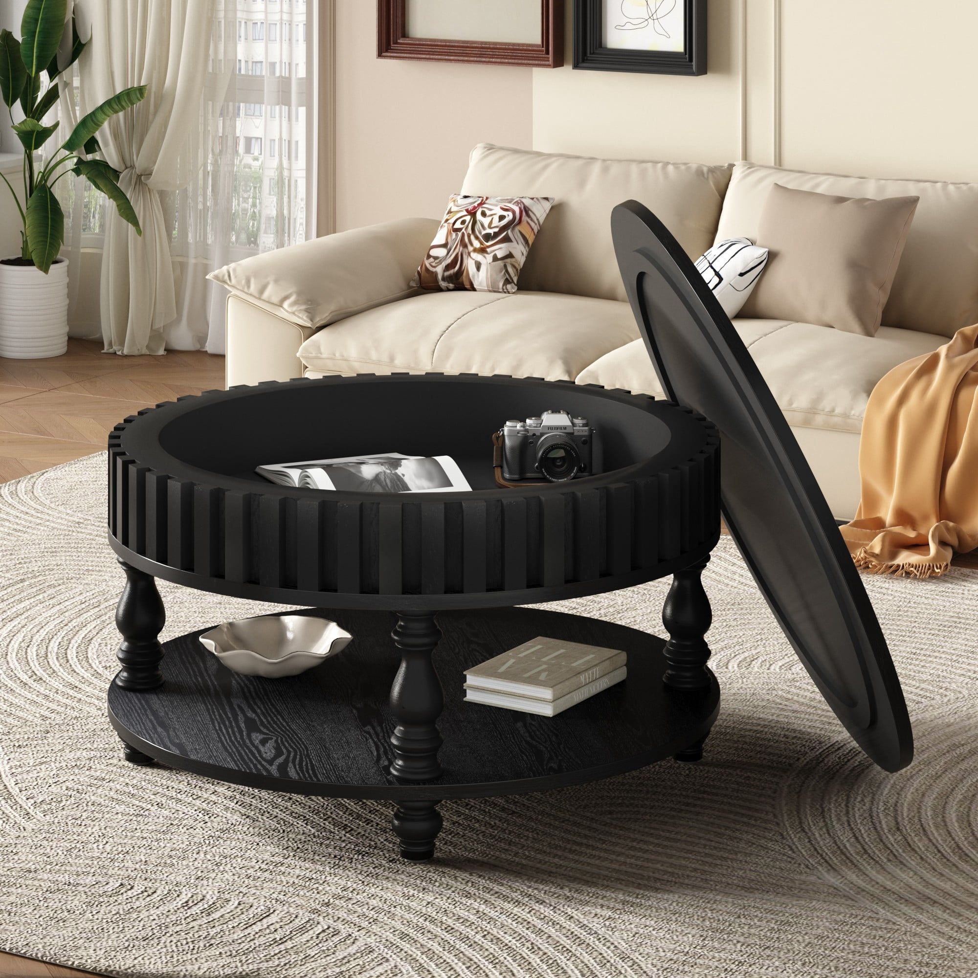 Fluted Coffee Table with Storage, 31.5" Round Coffee Table with Flip Top Lid and Shelf, Mid Century Modern Center Table for Living Room, Black