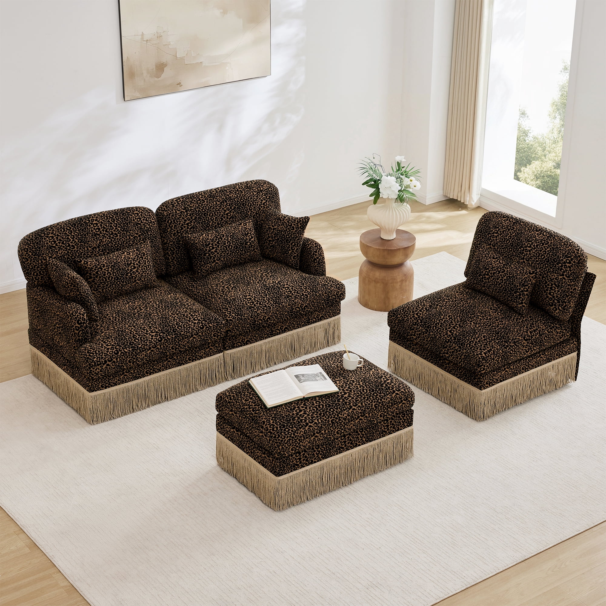 100" Chenille Leopard Tassel Deep Seat L Shape 3 Seater Modular Sofa Couch with 5 Throw Pillows and Ottoman
