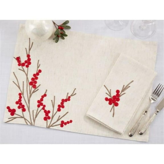 14 x 20, 20 x 20 in. Embroidered Berry Placemats & Napkins, Natural - Set of 8