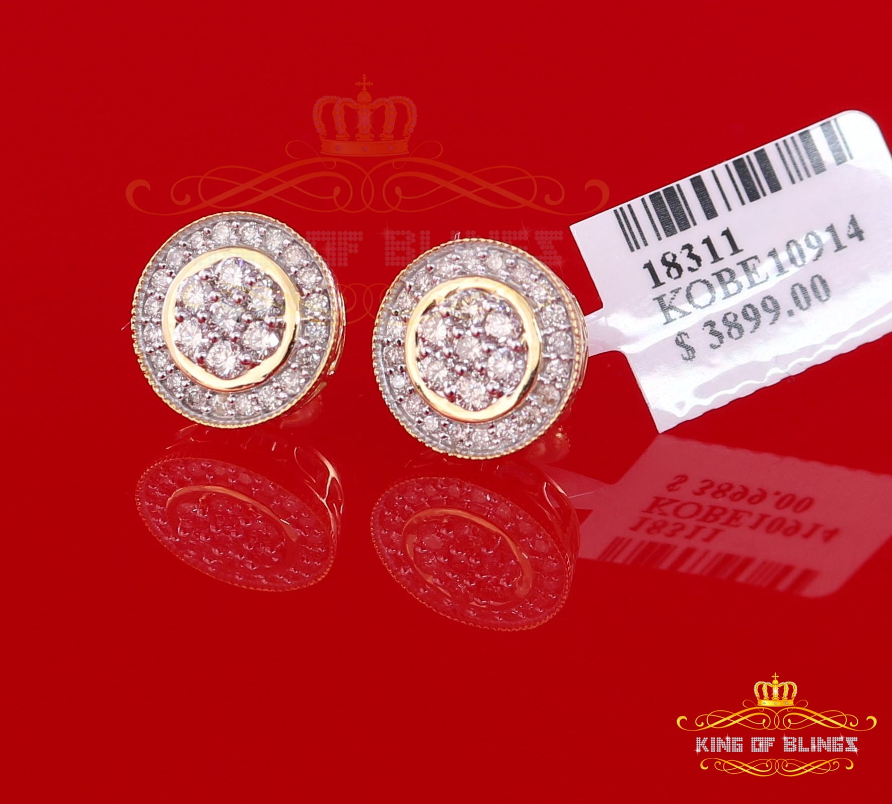 King of Bling's 10K Real Yellow Gold Real Diamond 1.05CT Men's/Women's Stud Round Earring