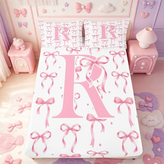 Manfei Pink Bowtie Fitted Sheet Full,Initial Alphabet R Bed Set,3 Pieces,1 Fitted Sheet and 2 Pillowcases