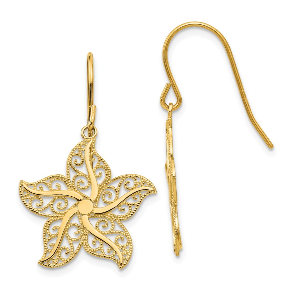 FB Jewels Solid 14K Yellow Gold Diamond-cut Polished Filigree Starfish Pendant 