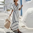 thumbnail image 2 of YUGYXL Women Striped Short Sleeve V Neck Midi Dress Retro Patchwork A-Line Casual Wrap Waist Dresses Beach Going Out Outfits Light Blue XL, 2 of 6