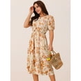 thumbnail image 2 of DARING DIVA Women's Puff Sleeve Cutout Waist Midi Floral Dress with Pockets M Orange, 2 of 5