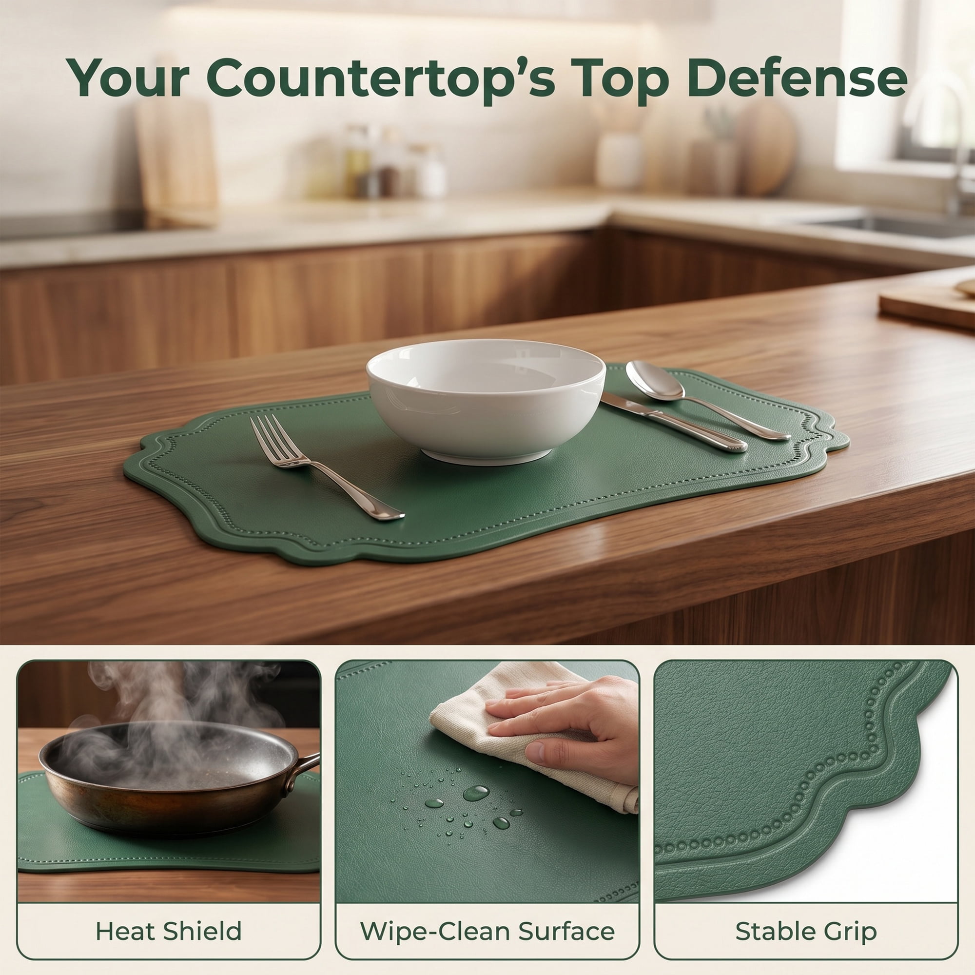 Unique Bargains Set of 6 Solid Placemats Leather Placemats for Kitchen Dining Green