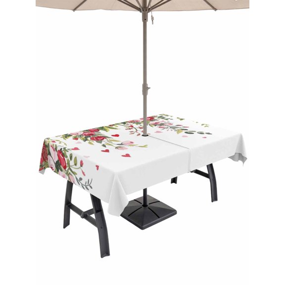 Outdoor Tablecloth with Umbrella Hole and Zipper, Valentine's Day Rectangle Table Cloth 60x84 Inch Waterproof Tablecloth, Watercolor Roses Flowers Leaves Spring Picnic Table Cover for Patio Camping