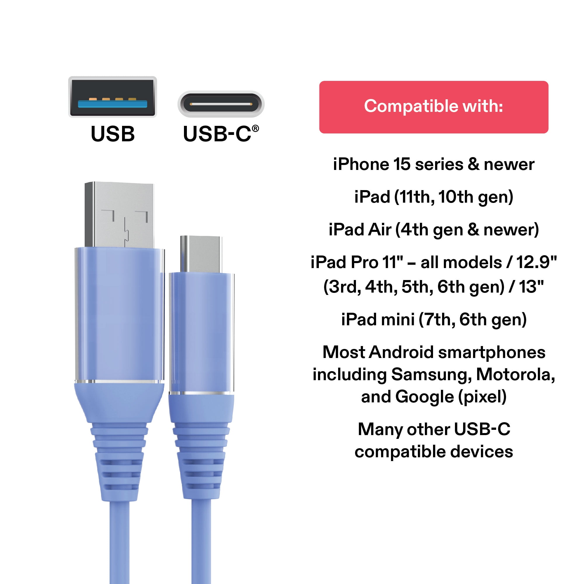 onn 6ft USB-C to USB-A Charging Cable, USB-IF Certified, Blue - Compatible with iPhone 16 Series, iPhone 15 Series, Samsung Galaxy, Note, Pixel Devices iPad Pro, & More