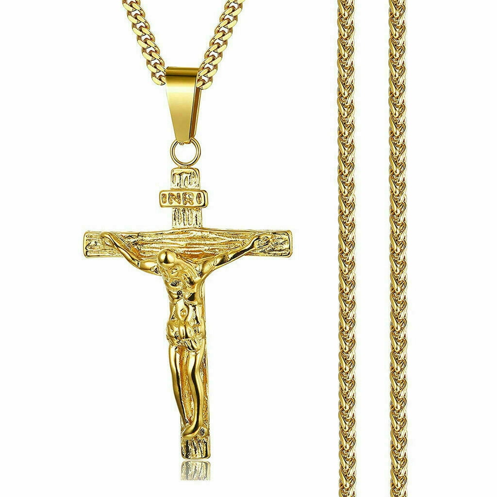 Women Men Pendant Double-Deck Crystal Charm Cross Necklace Chain Stainless Steel 