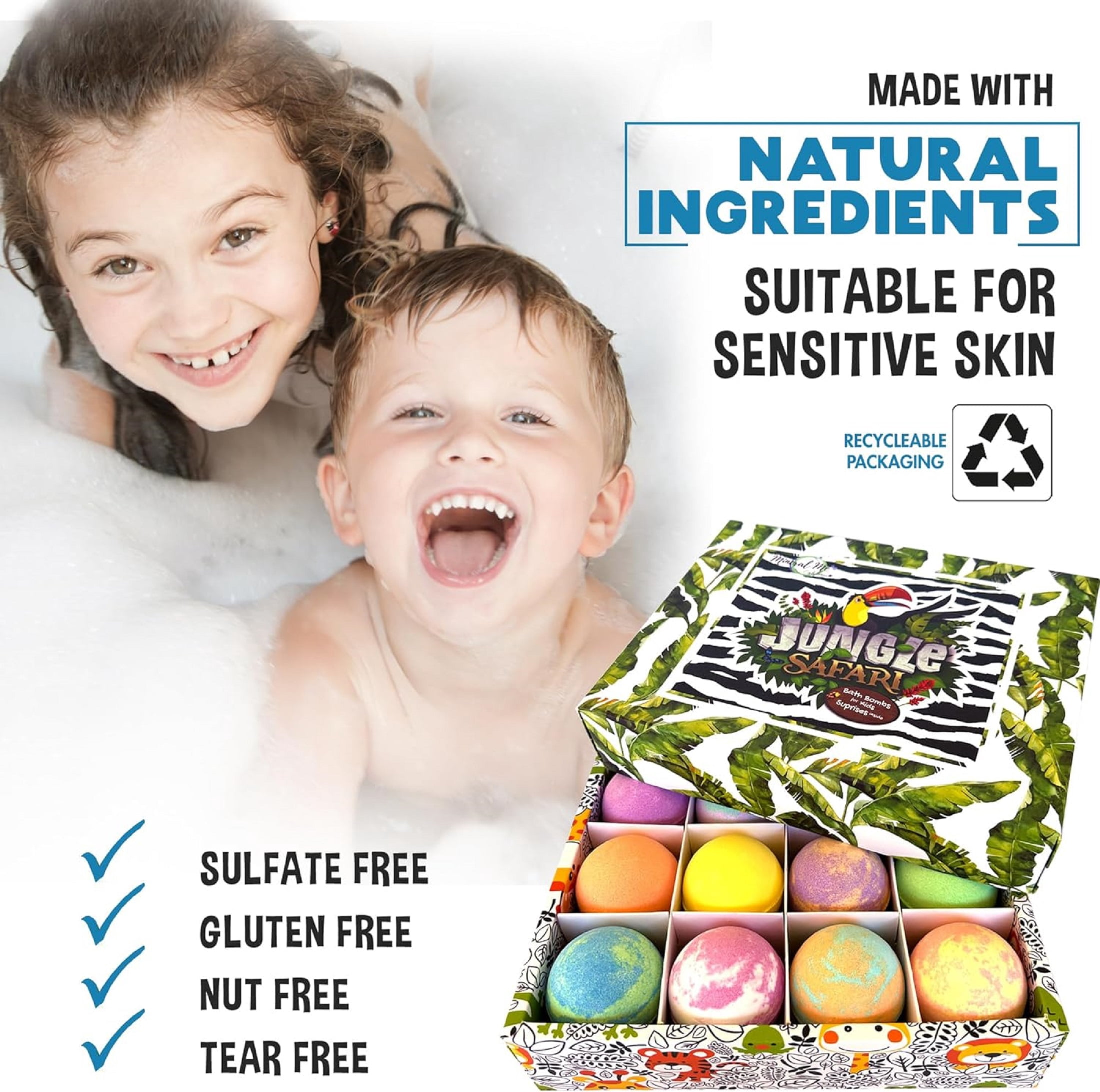 Jungle Safari Bath Bombs for Kids with Toys Inside by Mineral Me California w/ Mild Fruity Scent