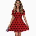thumbnail image 2 of Black Polka Dots On Red Background Women Dress V-Neck Short Sleeve Flowy Swing Party Midi Dress, 2 of 4