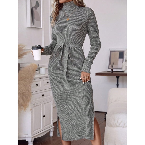 SOMER Dresses for Women Slimming Dresses Sweater Dress Long Sleeve Knit  High Neck Tie Waist Bodycon Midi 2025 Fall Winter - Walmart Business  Supplies