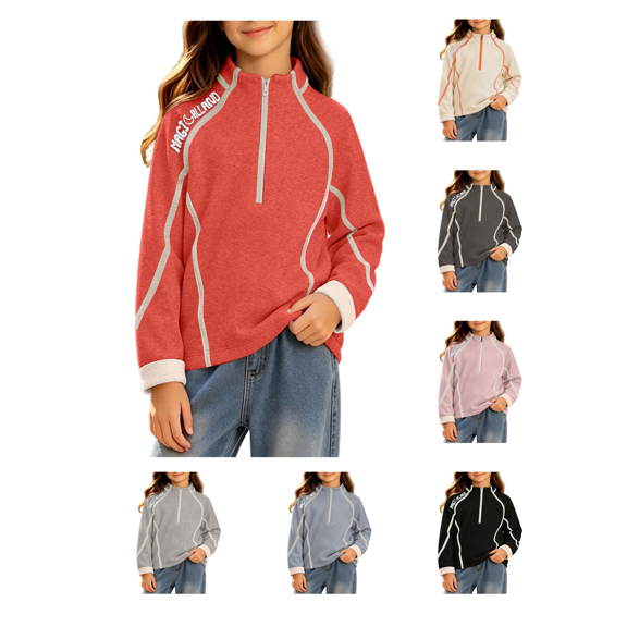 Busydd Girls Sweatshirts 1-15 Years Trendy Half Zip Stand Collar Fall Sweatshirts Casual Long Sleeve Contrast Piping Teen Girls Pullover Tops