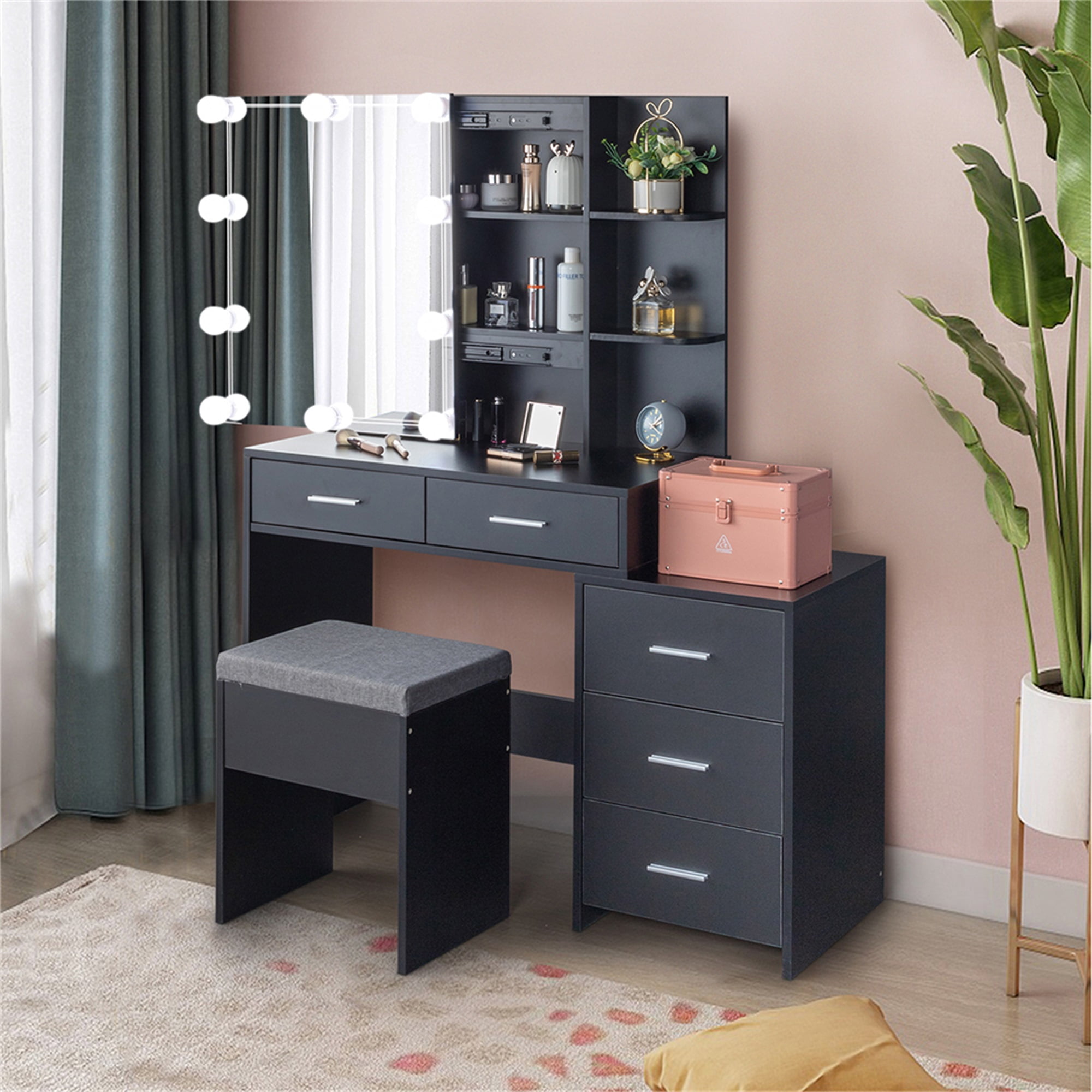 Kadyn Makeup Vanity Table, Vanity Table and Chair Set with 5 Pumps 2 Shelves, Black