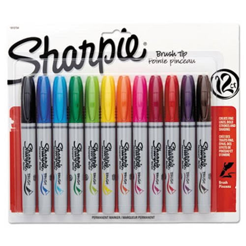 Sharpie Permanent Marker, Brush Tip, Assorted, 12/Set