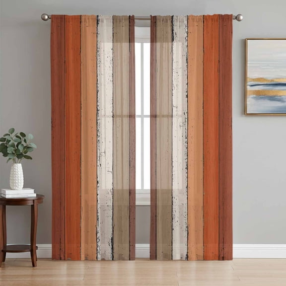 Burnt Orange Brown Semi Sheer Window Curtains 84 Inches Long, Farmhouse Vintage Wooden Rod Pocket Voile Silky Chiffon Curtain Light Filtering Drapes for Living Room, Kitchen, 52"x84", 2 Panels