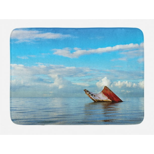 Shipwreck Bath Mat Sunken Ship On Surface Of Freshening Sea View With Cloudy Weather Nobody Print Non Slip Plush Mat Bathroom Kitchen Laundry Room Decor 29 5 X 17 5 Inches Blue White Ambesonne