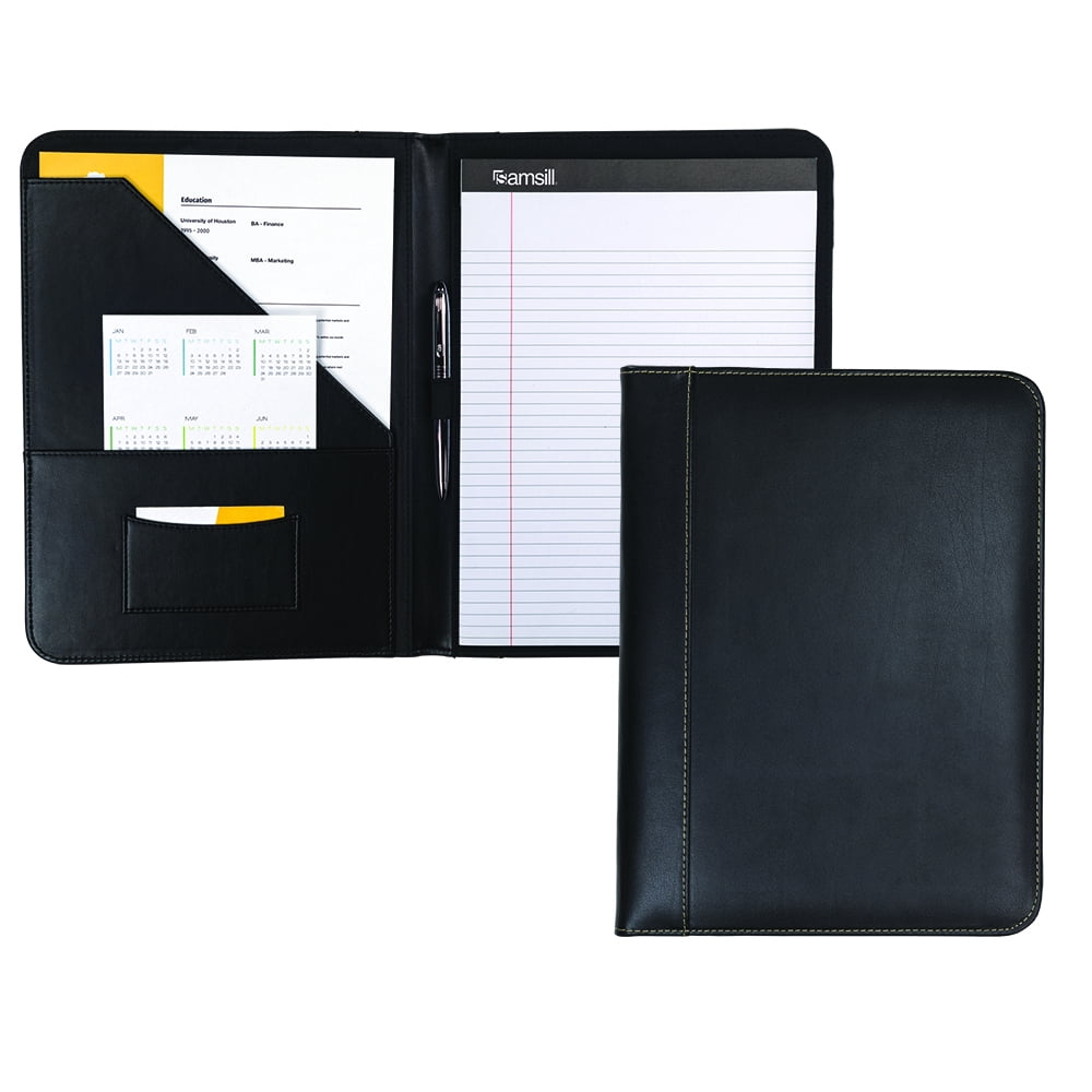 Samsill Contrast Stitch Leather Padfolio, 8.5"x11" Writing Pad Included