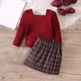thumbnail image 5 of YWDJ Girls Spring Casual Dresses 3-8 Years Red Knit Long Sleeve Top + Plaid Button Half Tweed Skirt Set Two Piece Skirt Set Red 3Y, 5 of 8