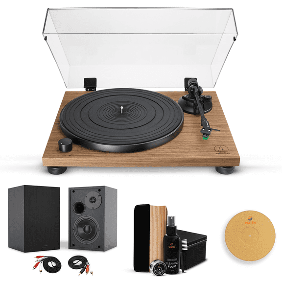 Audio-Technica ATATLPW50BTRW Automatic Turntable, Shelf Speaker & Cleaner Kit, Cork Platter, Bundle