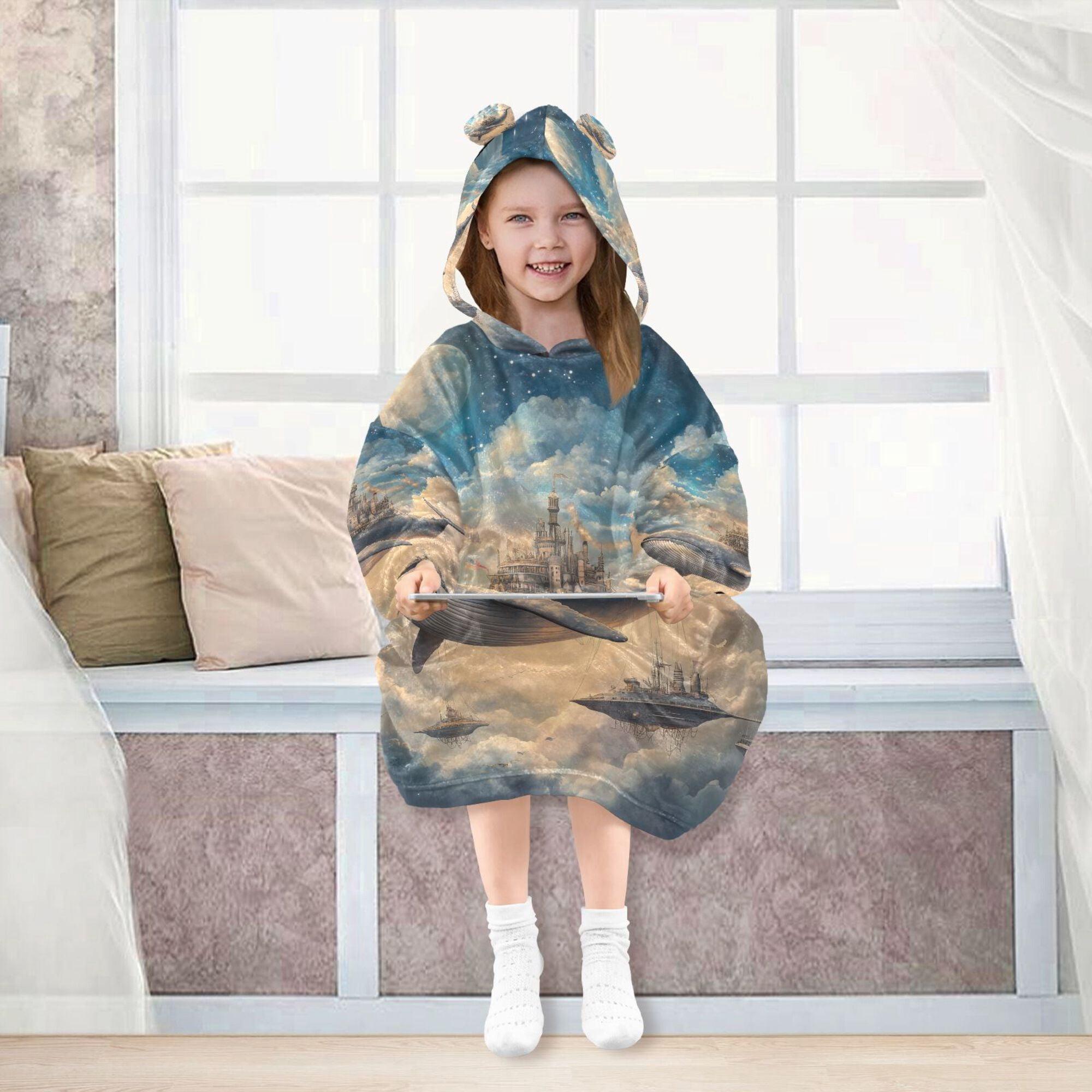 FORMRS Wearable Blanket Hoodie with Sleeves for Kids Cozy Flannel Sweatshirt, Floating Whale