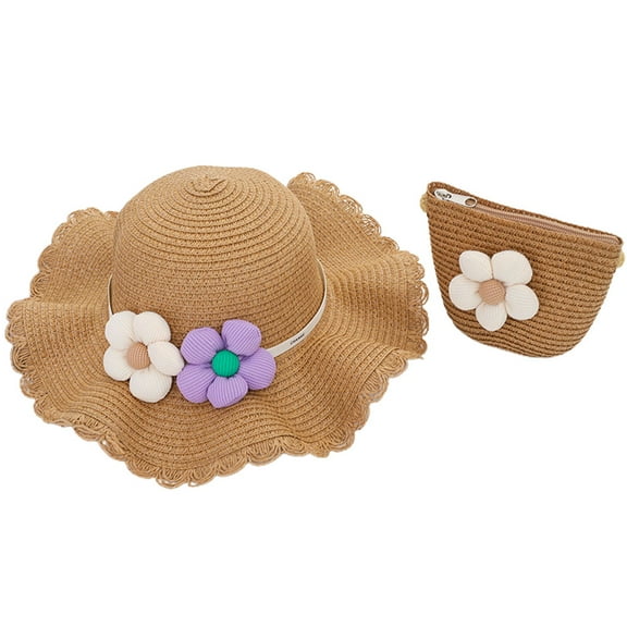 56-58cm hat circumference women's sun hat summer straw hat and straw bag set sun hat beach hat - Khaki