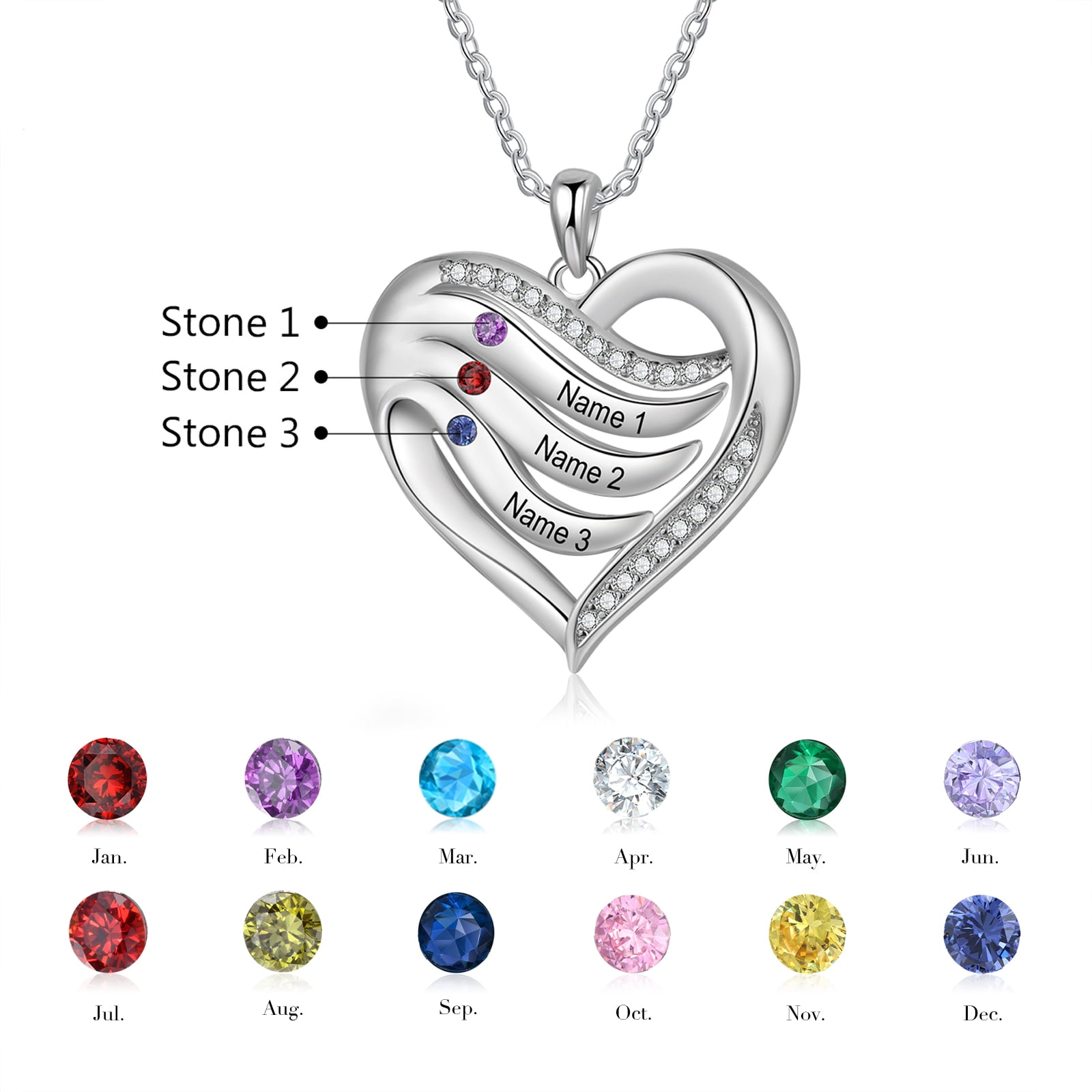 Mementos Personalized Family Mother's (Women's) Necklace Sterling Silver with 3 Birthstones Names