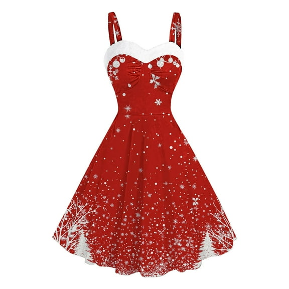 Christmas Dresses for Women Suspender Snowflake Print Vintage Dress Sleeveless Round Neck Dress