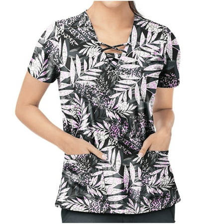 

BallsFHK Women Short Sleeve V Neck Cartoon Pattern Tops Working T-shirts Scrub Tops Women