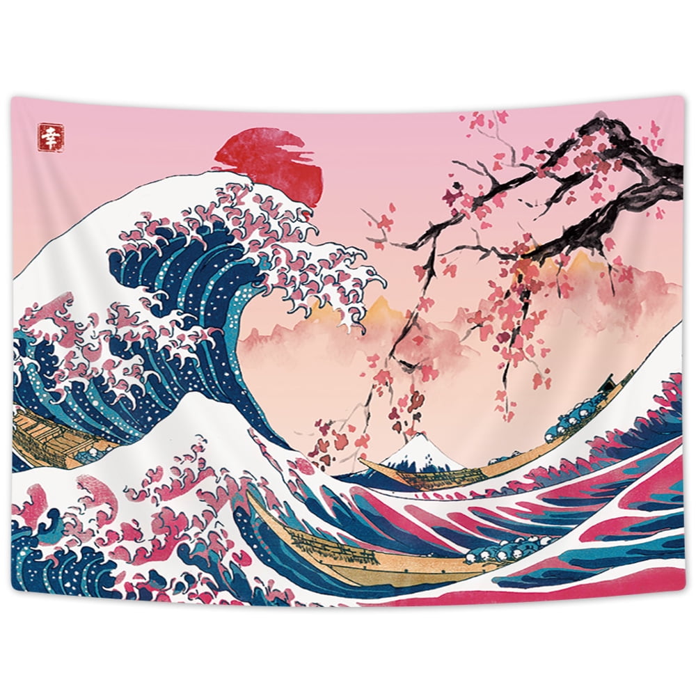 Pink Tapestry Wall Hanging Cool Japanese Ocean Wave Wall Tapestry Asian Anime Mountain Sun Cherry Blossom Decorations Tapestry for Bedroom 60 x 40