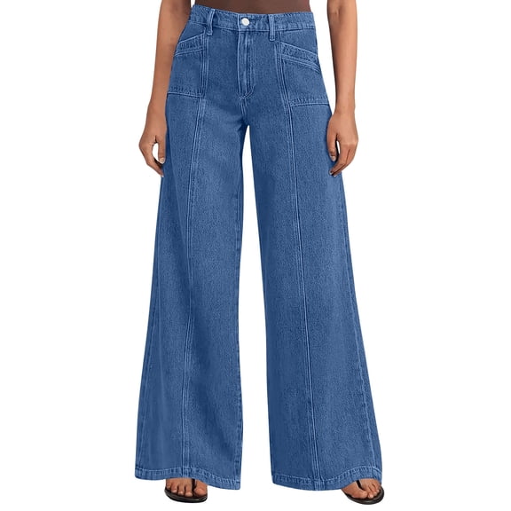 Pants for Women High Waist,Women's Wide Leg Jeans High Waisted Stretchy Straight Leg Jeans Trendy Seamed Front Loose Denim Pants