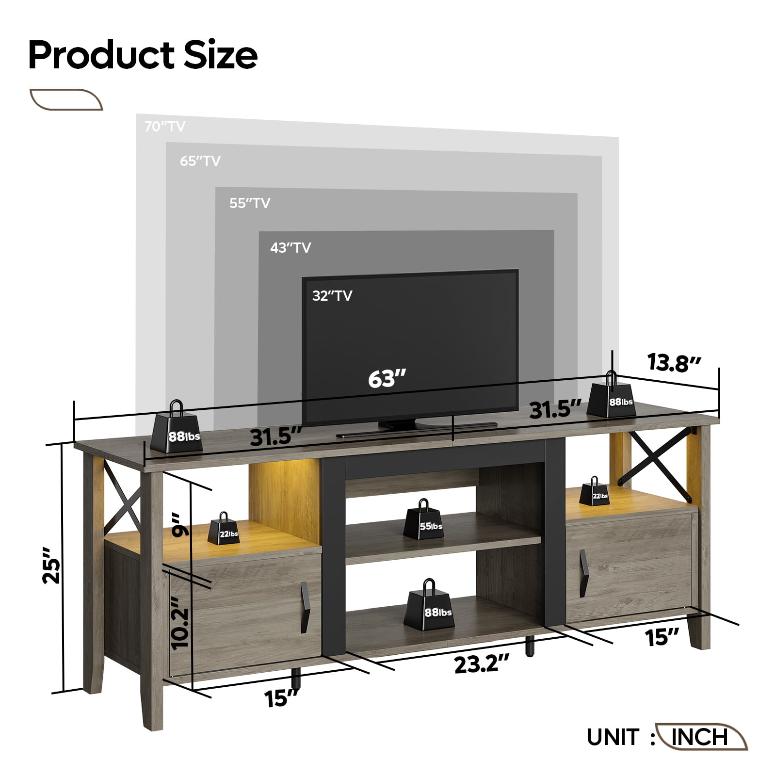 Bestier Farmhouse LED TV Stand for TVs up to 70" Entertainment Center with Storage Shelves in Wash Gray