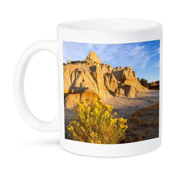 3dRose, Rabbitbrush and badlands in Theodore Roosevelt NP, North Dakota, USA, 15oz Mug