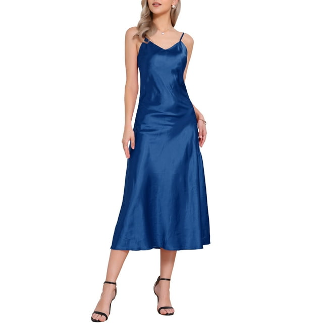 CURVOSPORT Vestido de Satén para Mujer con Tirantes Espagueti y Escote en V, Elegante Vestido Maxi Deslizante M Azul Real