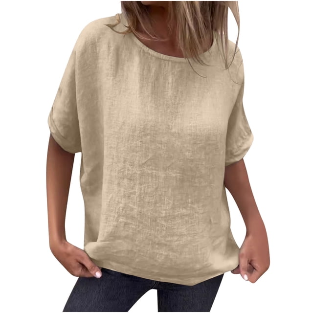 Timegard Womens Tops Round Neck Short Sleeve Loose Lightweight Tops Solid Color Casual Shirts Blouse
