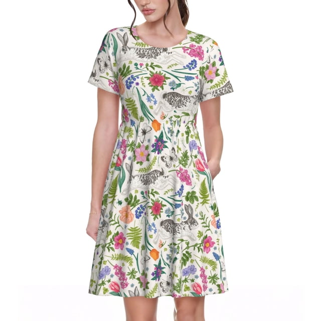 Easygdp Rabbit And Butterfly para Vestido Transpirable de Mujer, Vestido Suelto de Manga Corta con Pliegues y Bolsillos para el Verano