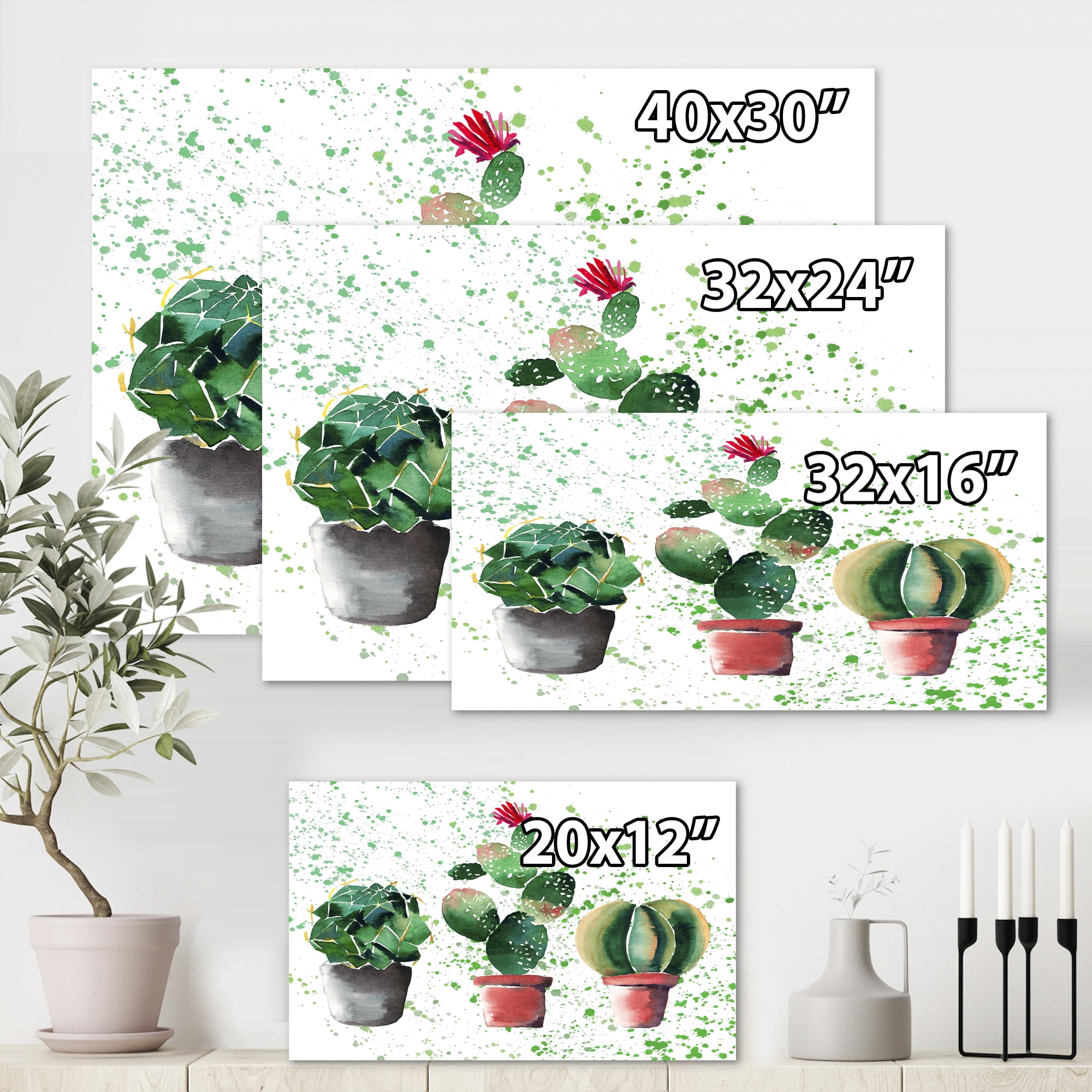 Designart ' Three Cacti In Clay Pots With Green Dots ' Traditional Canvas Wall Art Print