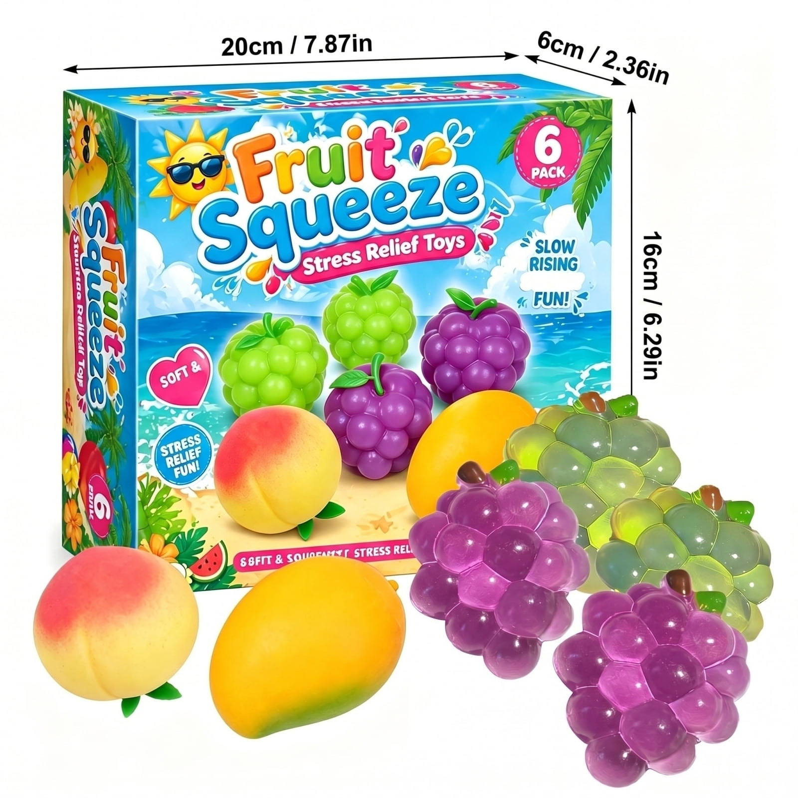 6 Pack Fruit Squishy Toys - Soft Fruit Shaped Slow Rising Fruit Squeeze Stress Balls ,  Sensory Stress Relief Fidget Toys for Kids & Adults