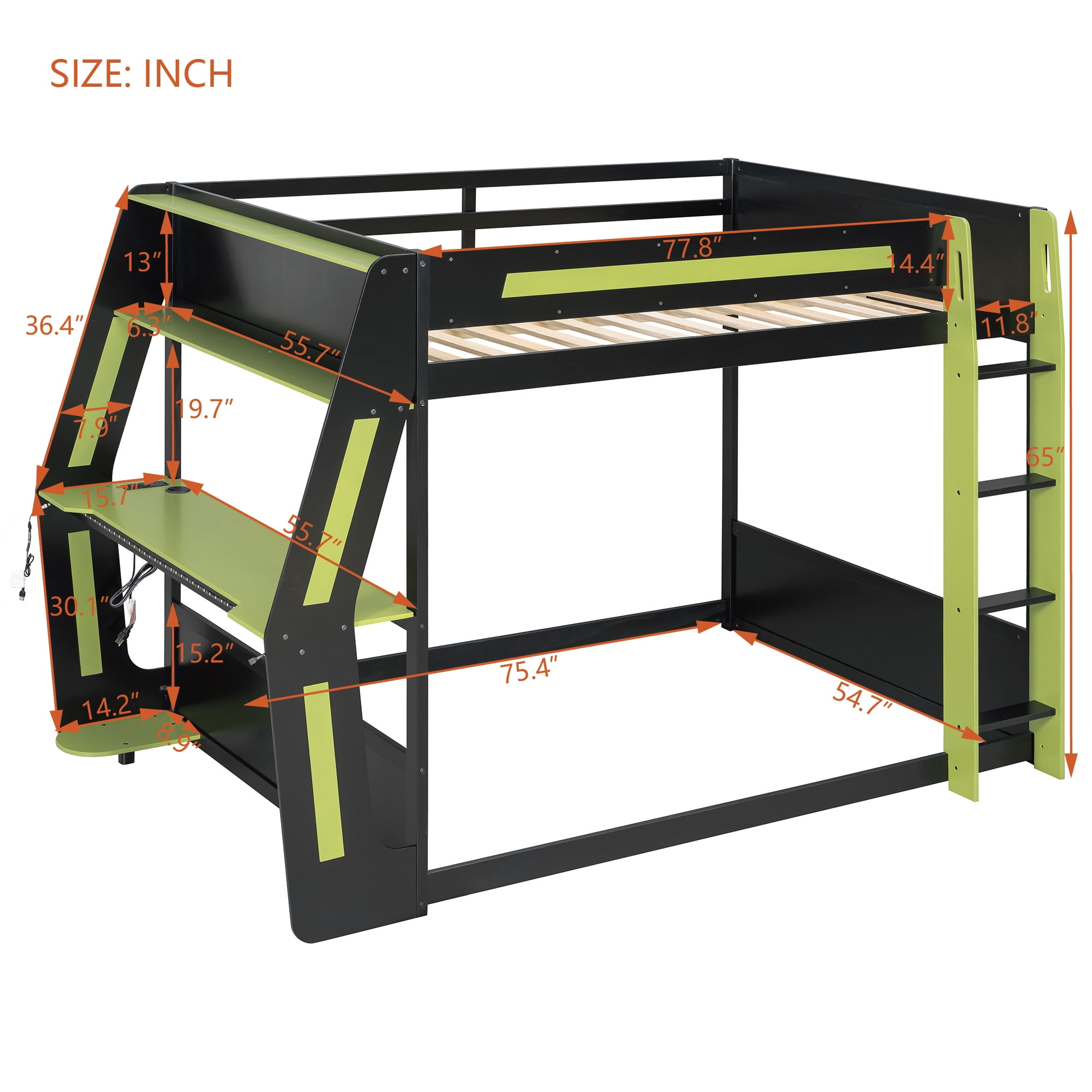 Aukfa Full Over Full Gaming Bunk Bed with Desk, USB Charging Station & LED Lights, Heavy-Duty Wood Esports Loft Bed Frame, Green