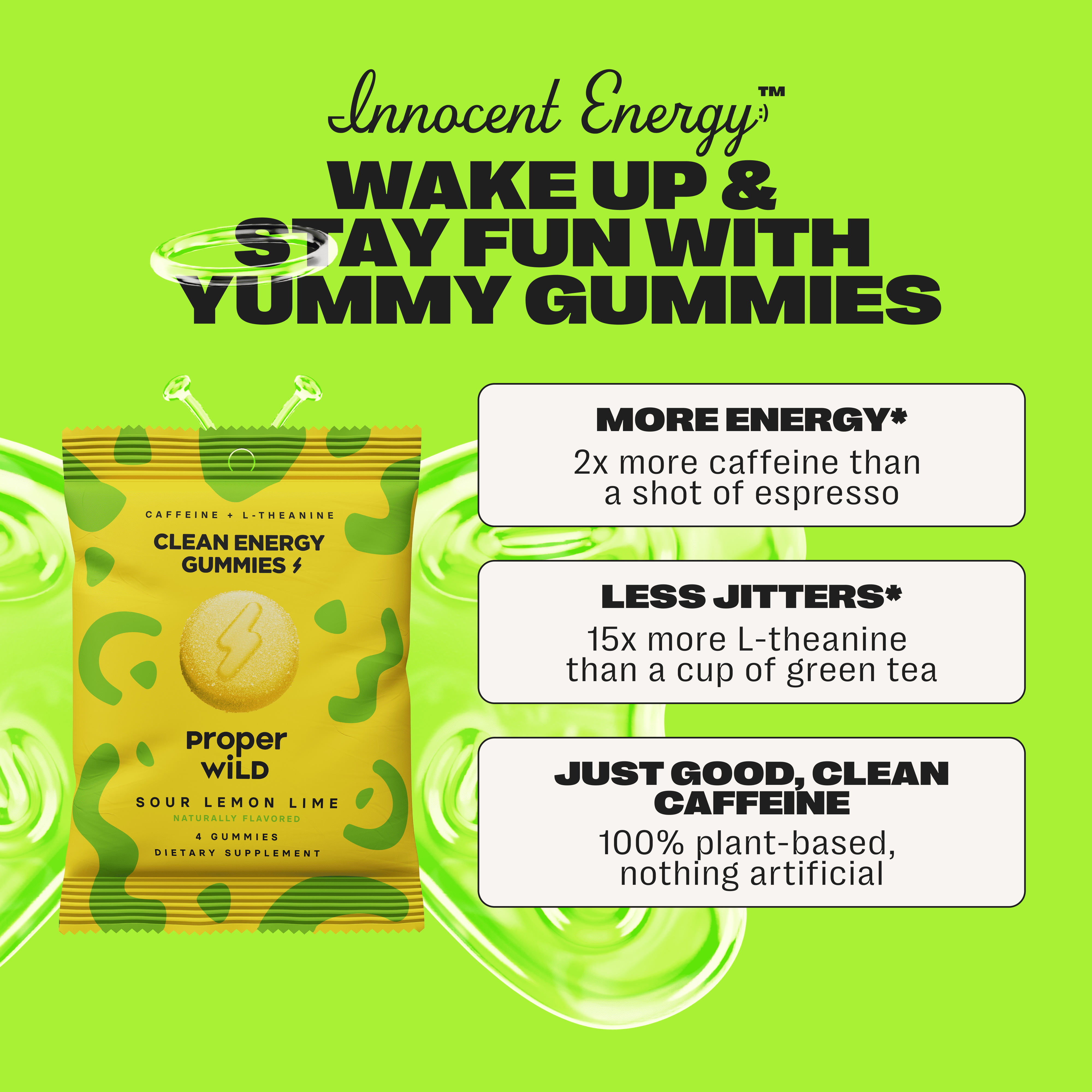 Proper Wild, Natural Clean Energy Gummies, Caffeine & L-Theanine, Sour Lemon Lime, 10-Pack