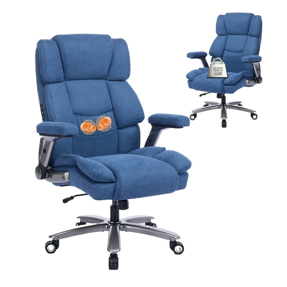 EOP Big and Tall Heavy Duty Office Chair, Ergonomic Massage Desk Chair with 4D Adjustable Armrests and Lumbar Support, Fabric Executive Computer Chair with Quiet Rubber Wheels, Blue