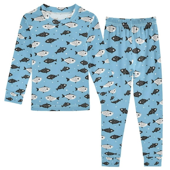 joogoo Fishes Blue 2 Piece Long Sleeve Tee and Pants Cotton Pajama Set 5Y