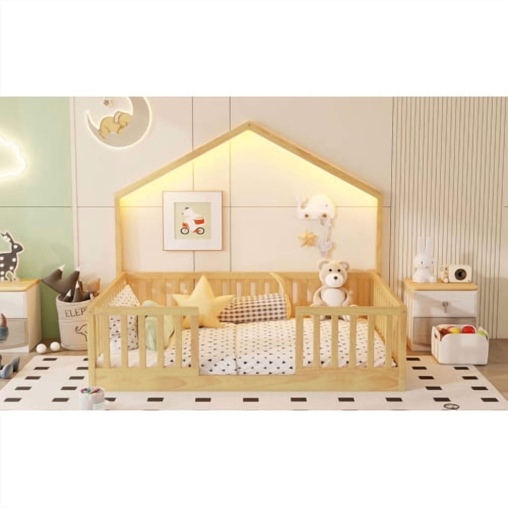 Full Size Montessori Kids Floor Bed with House Frame, LED Strip Light & High Safety Guardrails, Pine Wood Low Platform Bed Frame No Box Spring Needed, Max 300 LBS for Boys Girls
