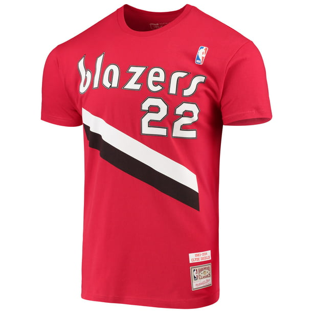 Men's Mitchell & Ness Clyde Drexler Red Portland Trail Blazers Hardwood Classics Player Name & Number T-Shirt