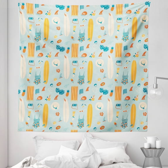 Hawaii Tapestry, Repetitive Summer Items with Pattern Surfboard Ice Cream Bikini Ananas, Fabric Wall Hanging Decor for Bedroom Living Room Dorm, 5 Sizes, Pale Blue and Multicolor, by Ambesonne
