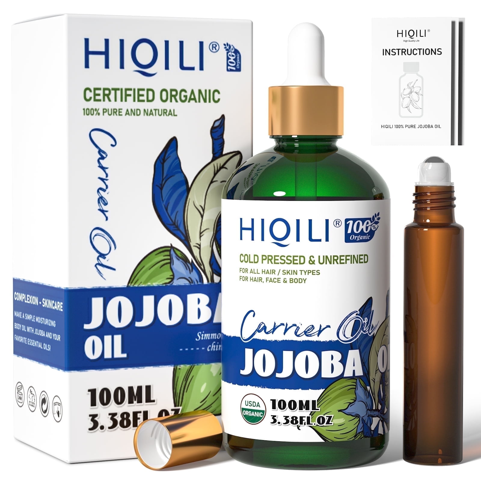 HIQILI Jojoba Oil, Pure Cold Pressed, 100mLCarrier Oil for Mixing Diluting Massage Facial Nails