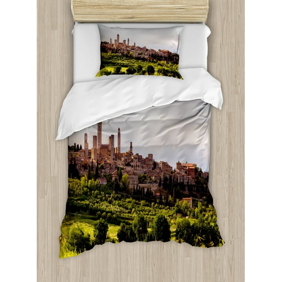 Antique Duvet Cover Set, Medieval City of San Gimignano Tuscany Italy Historical Architecture, Decorative 2 Piece Bedding Set with 1 Pillow Shams, Twin Size, Green Coral Dust, by Ambesonne