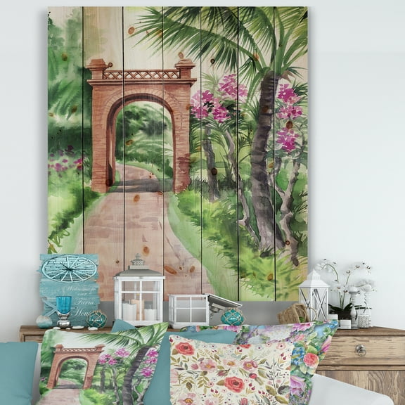 Designart 'Traditional Gate On Path In Tropical Oasis' Tropical Print on Natural Pine Wood