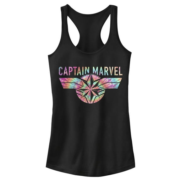 Junior's Marvel Captain Marvel Logo Banner Tie Dye Colors  Racerback Tank Top Black X Small
