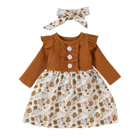 

Canrulo Toddler Baby Girl Clothes Knitted Ribbed Long Sleeve Dress Patchwork Sunflower Skirt with Headband Set Brown 3-4 Years